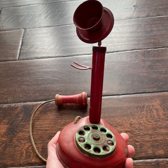 Vintage Tin Candlestick Telephone Toy Child Phone Wood Red Antique READ - Picture 13 of 14